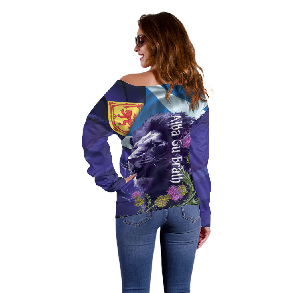 Cianalas Alba Scotland Off Shoulder Sweater Scottish Lion and Thistle Purple Version