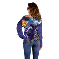 Cianalas Alba Scotland Off Shoulder Sweater Scottish Lion and Thistle Purple Version