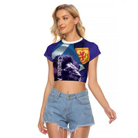 Cianalas Alba Scotland Raglan Cropped T Shirt Scottish Lion and Thistle Purple Version