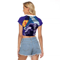 Cianalas Alba Scotland Raglan Cropped T Shirt Scottish Lion and Thistle Purple Version