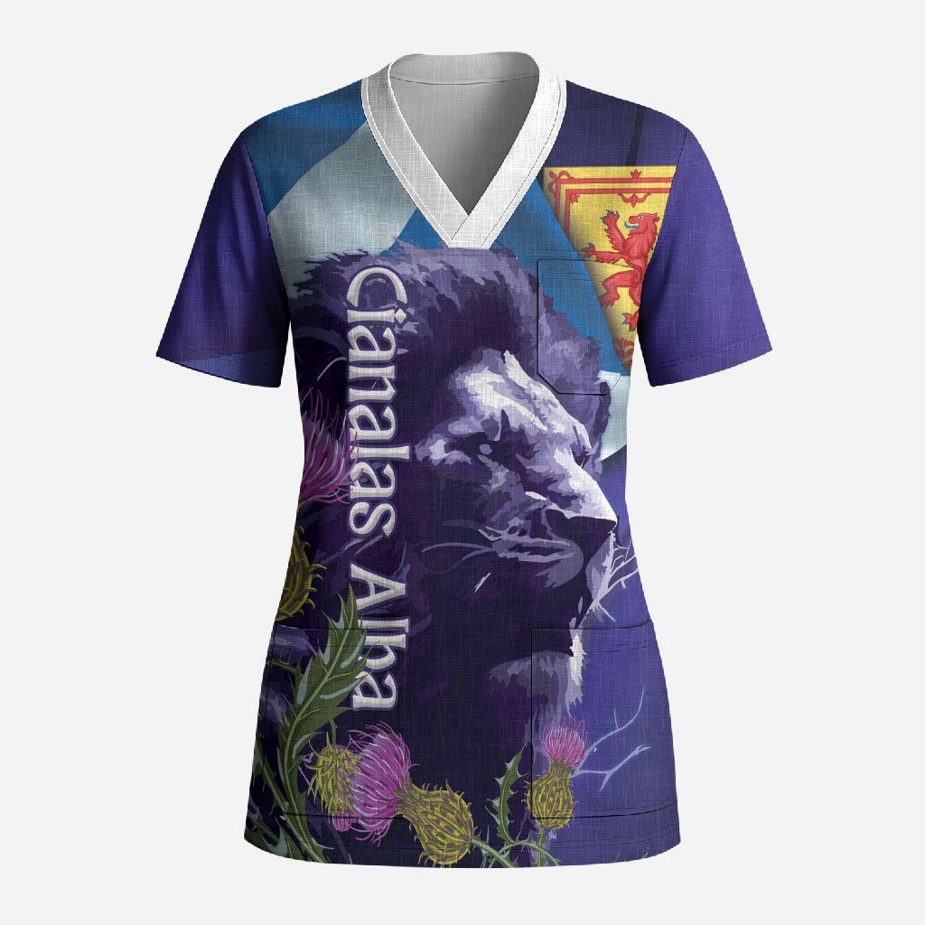 Cianalas Alba Scotland Scrub Top Scottish Lion and Thistle Purple Version