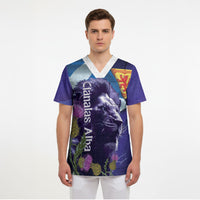 Cianalas Alba Scotland Scrub Top Scottish Lion and Thistle Purple Version