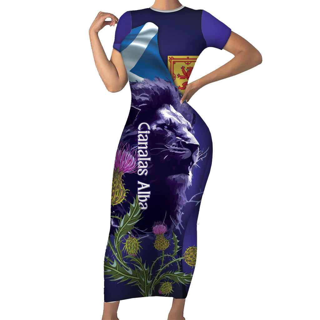 Cianalas Alba Scotland Short Sleeve Bodycon Dress Scottish Lion and Thistle Purple Version