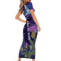 Cianalas Alba Scotland Short Sleeve Bodycon Dress Scottish Lion and Thistle Purple Version