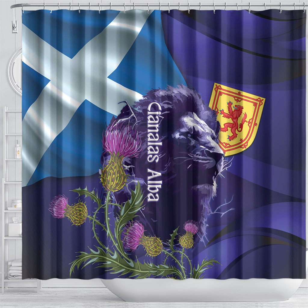Cianalas Alba Scotland Shower Curtain Scottish Lion and Thistle Purple Version