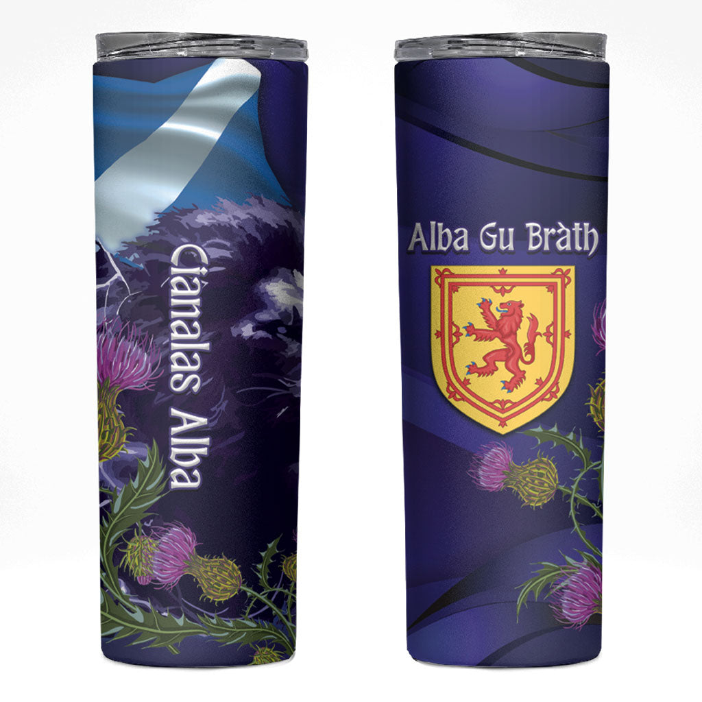 Cianalas Alba Scotland Skinny Tumbler Scottish Lion and Thistle Purple Version