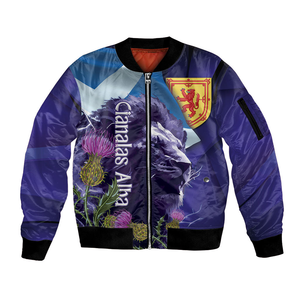 Cianalas Alba Scotland Sleeve Zip Bomber Jacket Scottish Lion and Thistle Purple Version