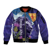 Cianalas Alba Scotland Sleeve Zip Bomber Jacket Scottish Lion and Thistle Purple Version