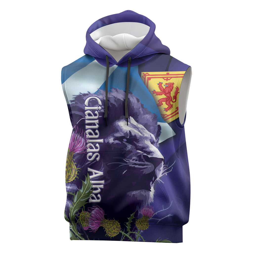 Cianalas Alba Scotland Sleeveless Hoodie Scottish Lion and Thistle Purple Version