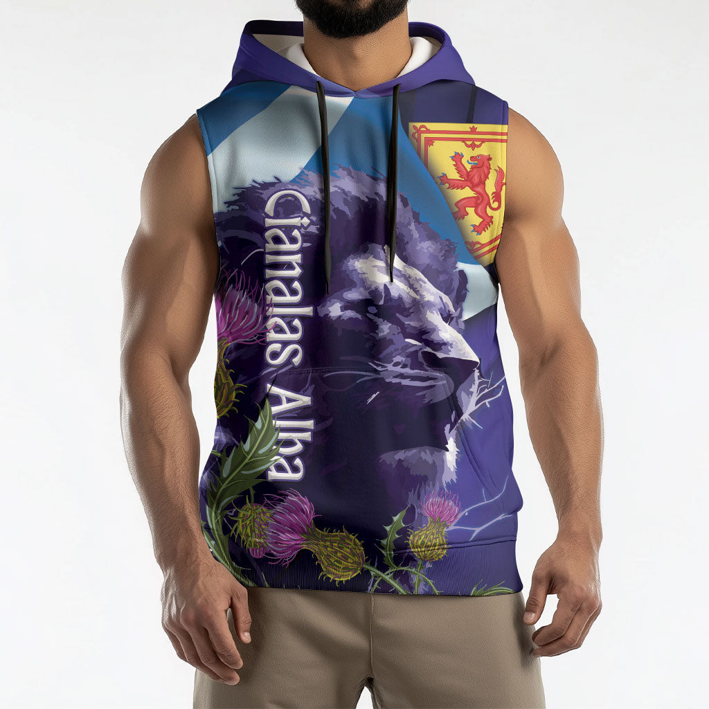 Cianalas Alba Scotland Sleeveless Hoodie Scottish Lion and Thistle Purple Version