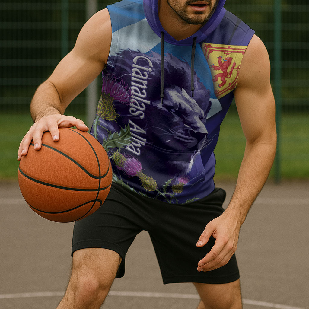 Cianalas Alba Scotland Sleeveless Hoodie Scottish Lion and Thistle Purple Version