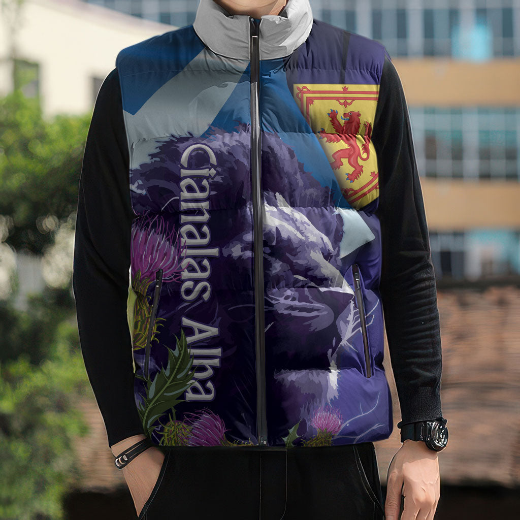 Cianalas Alba Scotland Sleeveless Puffer Jacket Scottish Lion and Thistle Purple Version