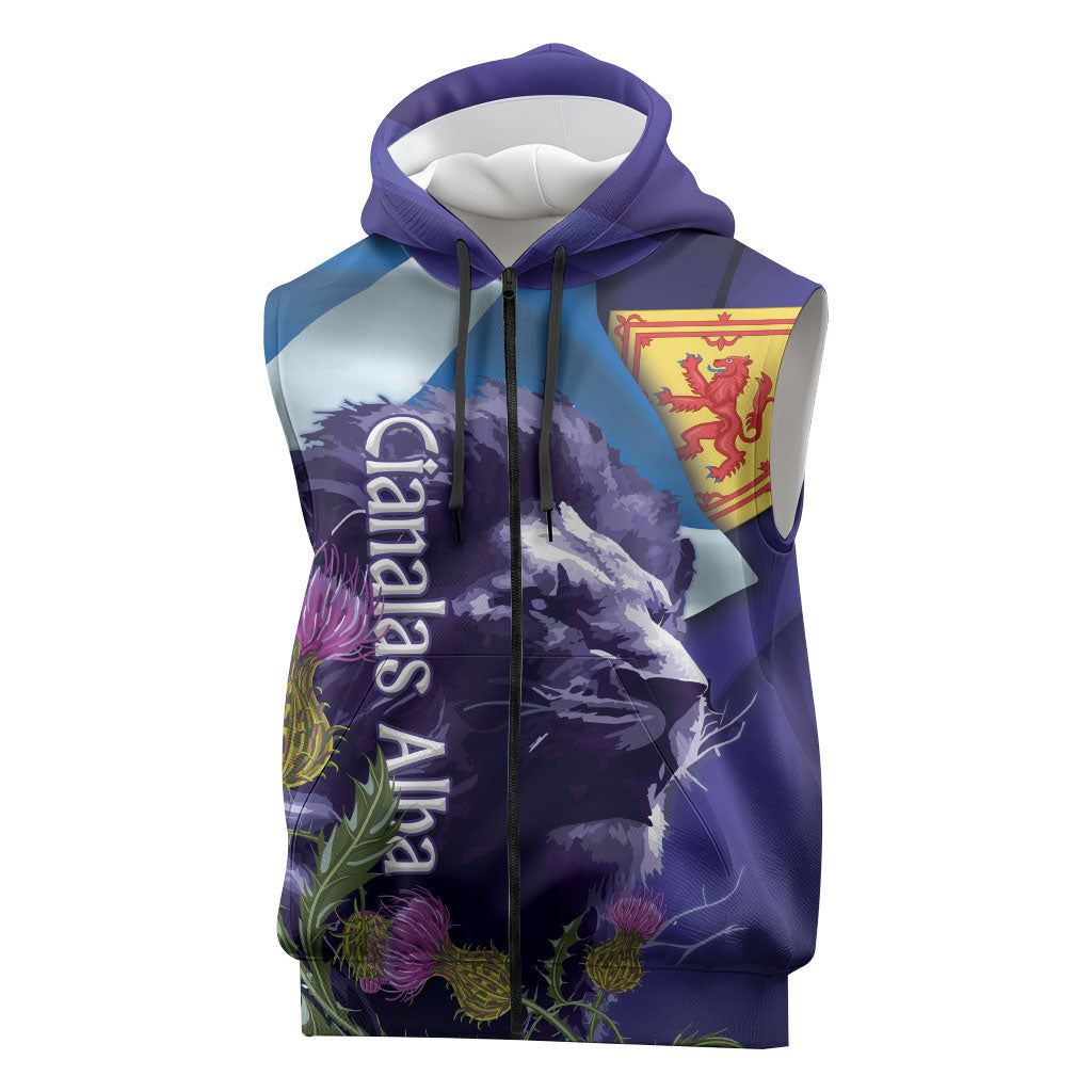 Cianalas Alba Scotland Sleeveless Zip Hoodie Scottish Lion and Thistle Purple Version