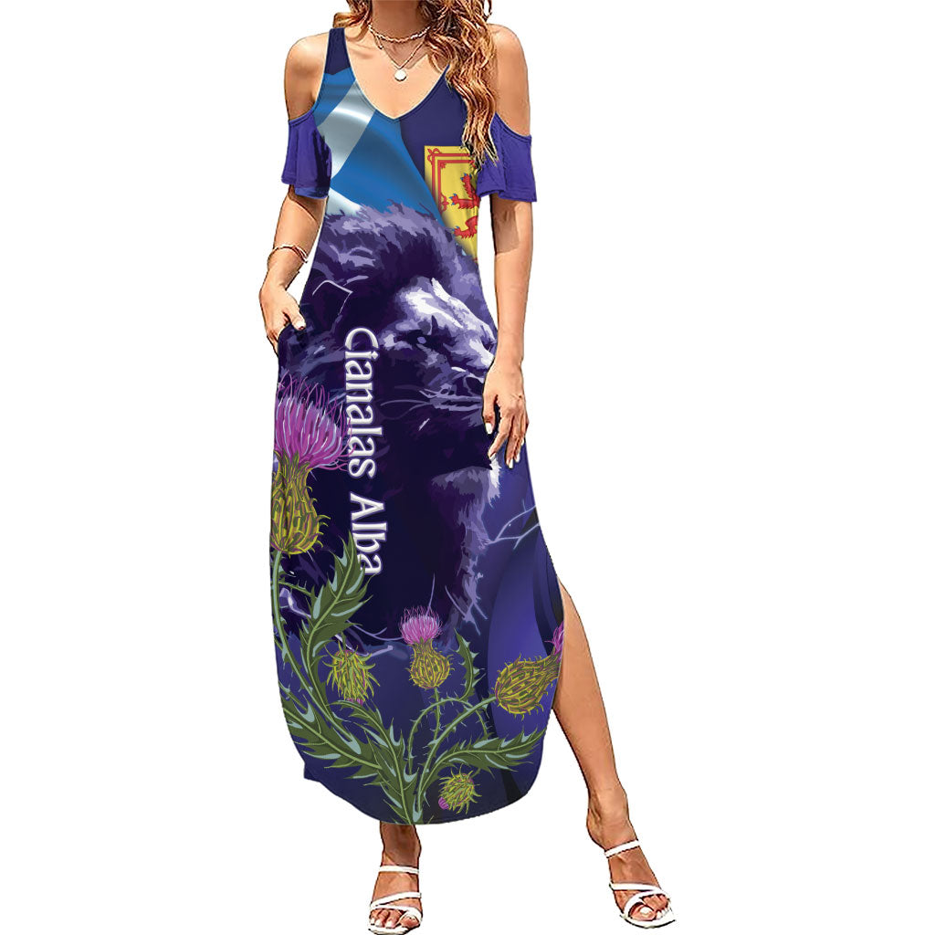 Cianalas Alba Scotland Summer Maxi Dress Scottish Lion and Thistle Purple Version