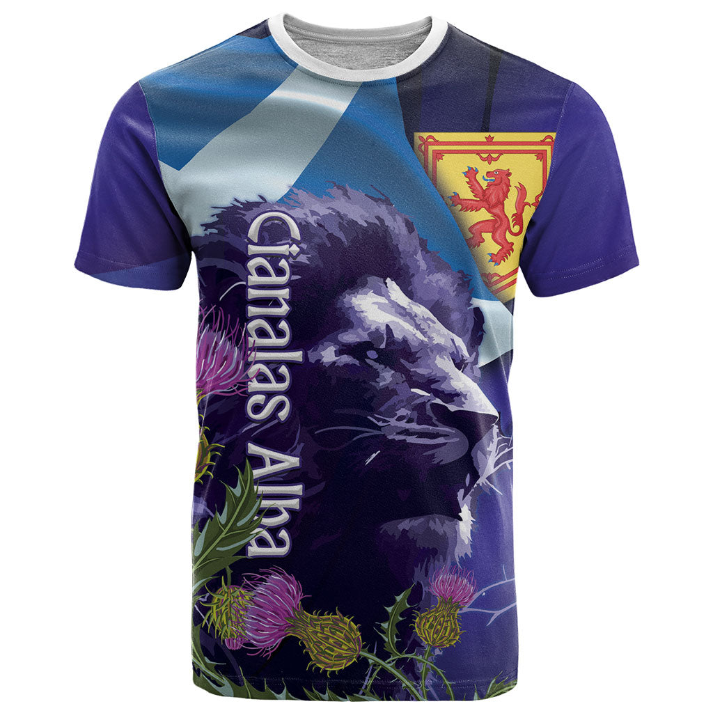 Cianalas Alba Scotland T Shirt Scottish Lion and Thistle Purple Version