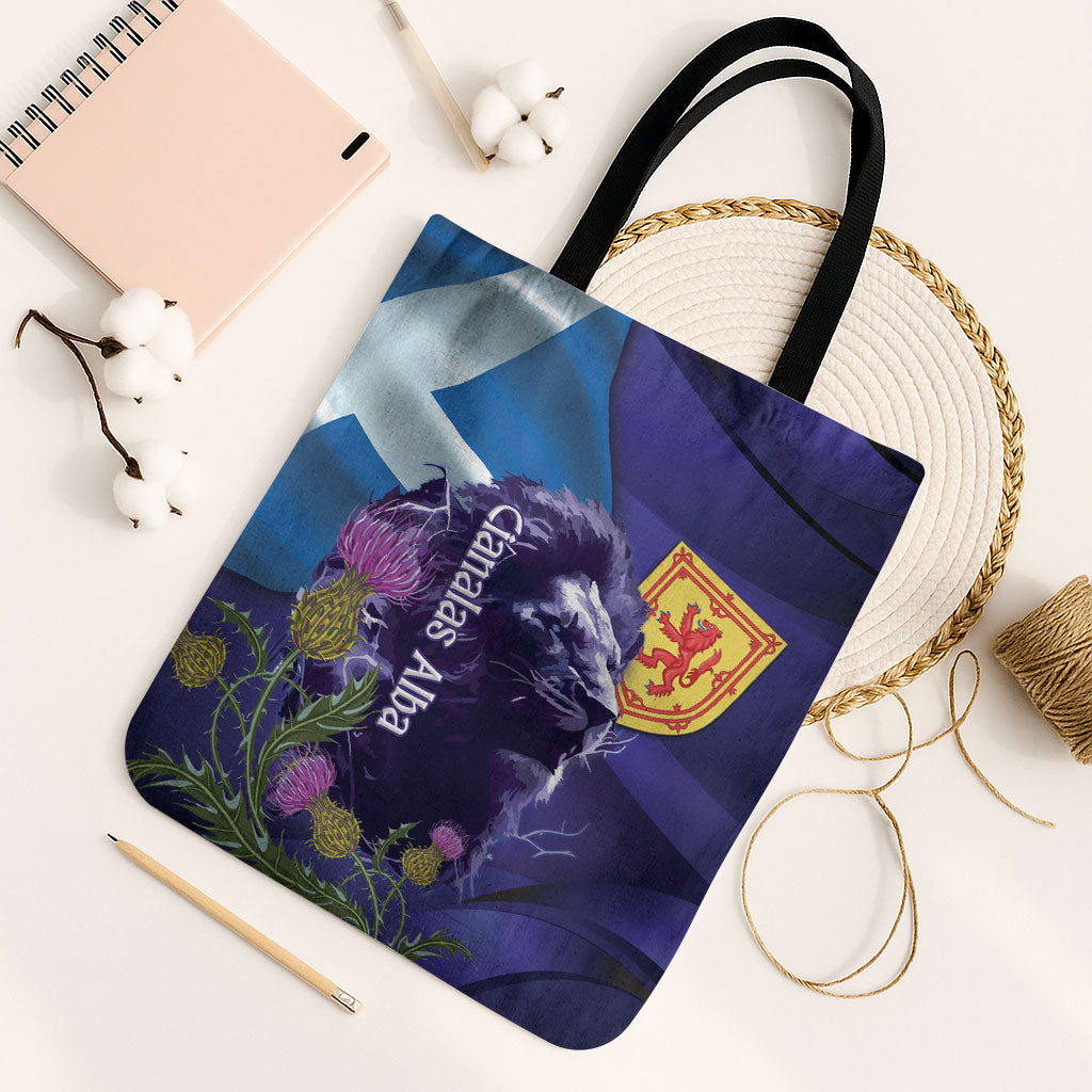 Cianalas Alba Scotland Tote Bag Scottish Lion and Thistle Purple Version