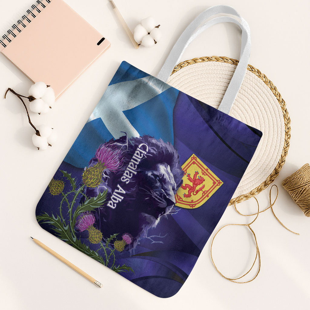 Cianalas Alba Scotland Tote Bag Scottish Lion and Thistle Purple Version