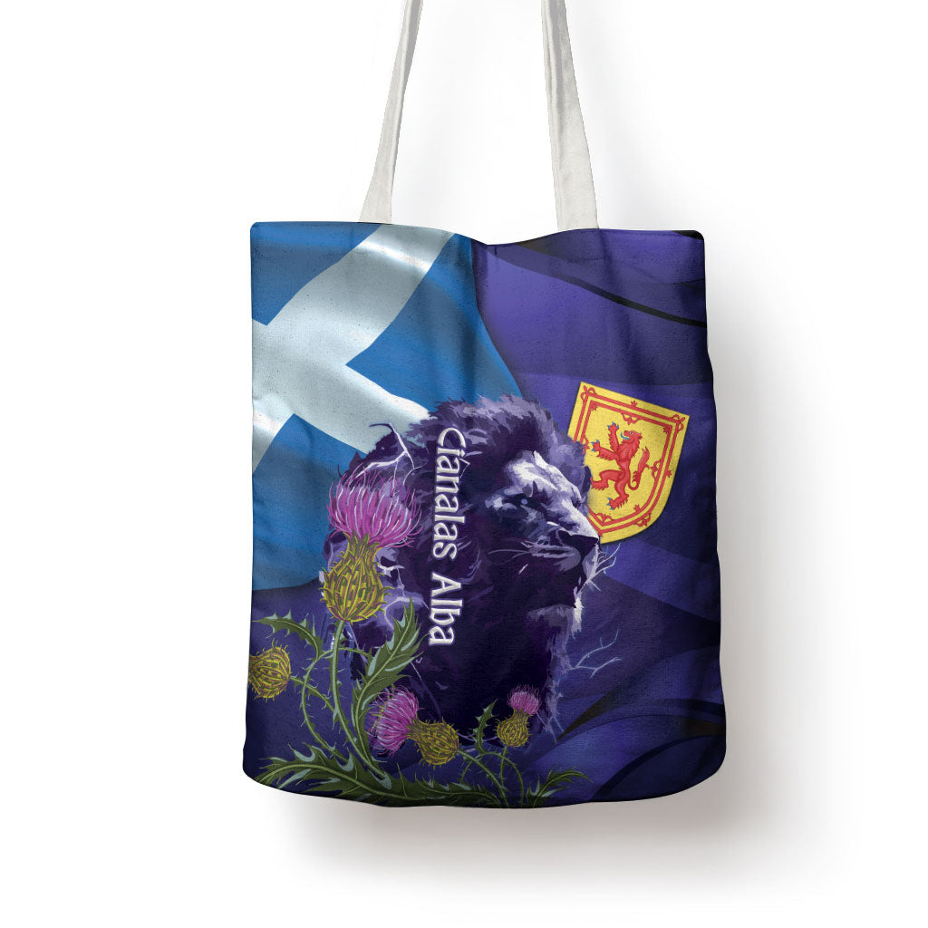 Cianalas Alba Scotland Tote Bag Scottish Lion and Thistle Purple Version