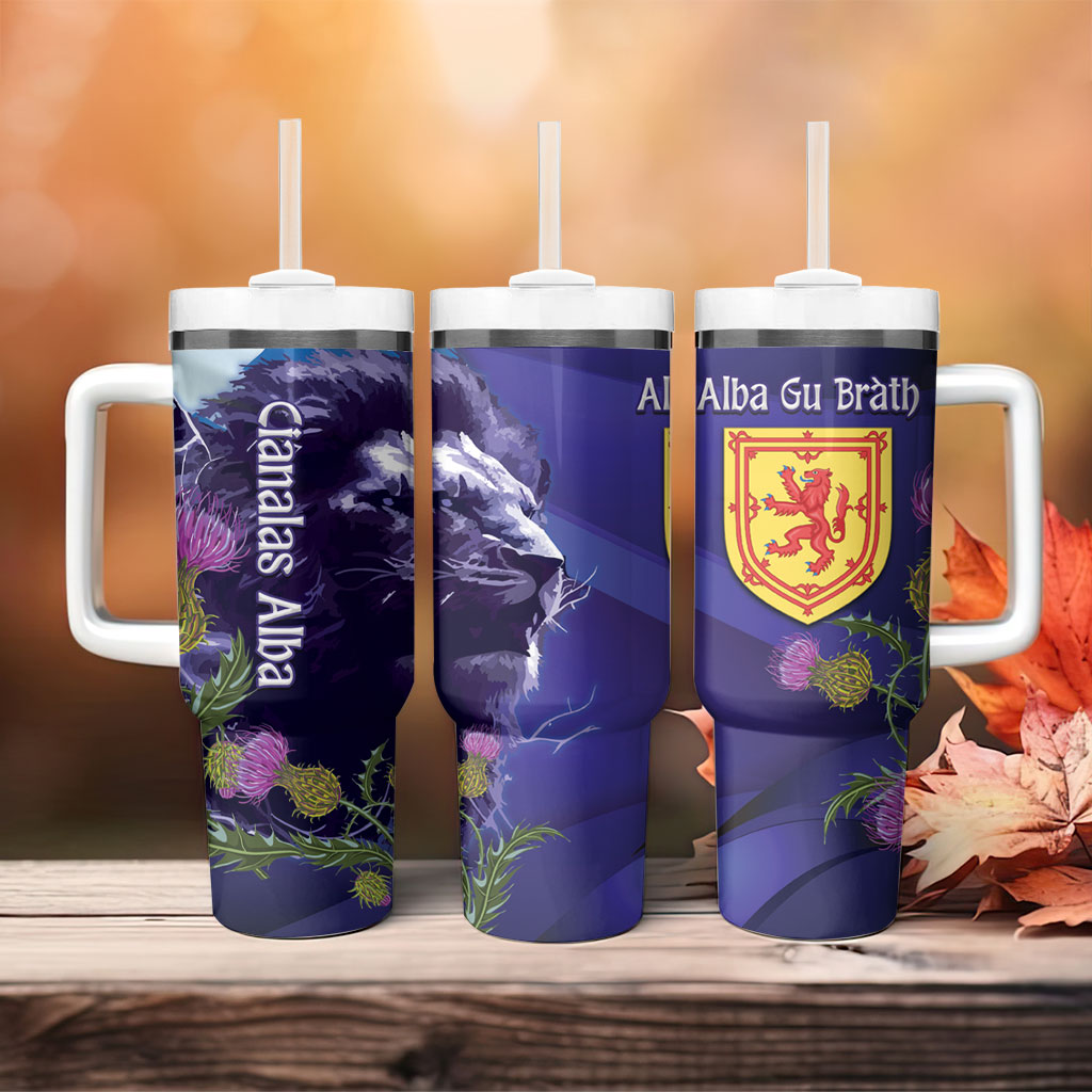 Cianalas Alba Scotland Tumbler With Handle Scottish Lion and Thistle Purple Version