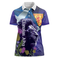 Cianalas Alba Scotland Women Polo Shirt Scottish Lion and Thistle Purple Version
