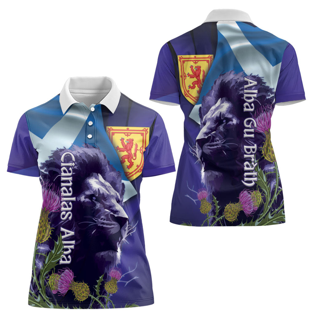 Cianalas Alba Scotland Women Polo Shirt Scottish Lion and Thistle Purple Version