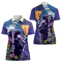 Cianalas Alba Scotland Women Polo Shirt Scottish Lion and Thistle Purple Version