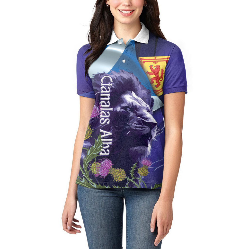 Cianalas Alba Scotland Women Polo Shirt Scottish Lion and Thistle Purple Version