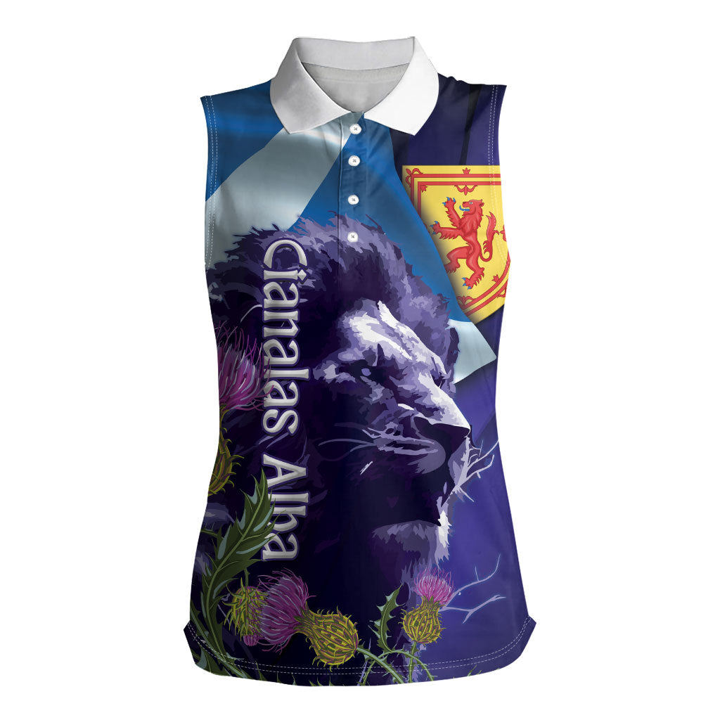Cianalas Alba Scotland Women Sleeveless Polo Shirt Scottish Lion and Thistle Purple Version