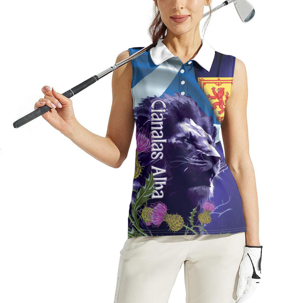Cianalas Alba Scotland Women Sleeveless Polo Shirt Scottish Lion and Thistle Purple Version