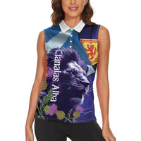 Cianalas Alba Scotland Women Sleeveless Polo Shirt Scottish Lion and Thistle Purple Version