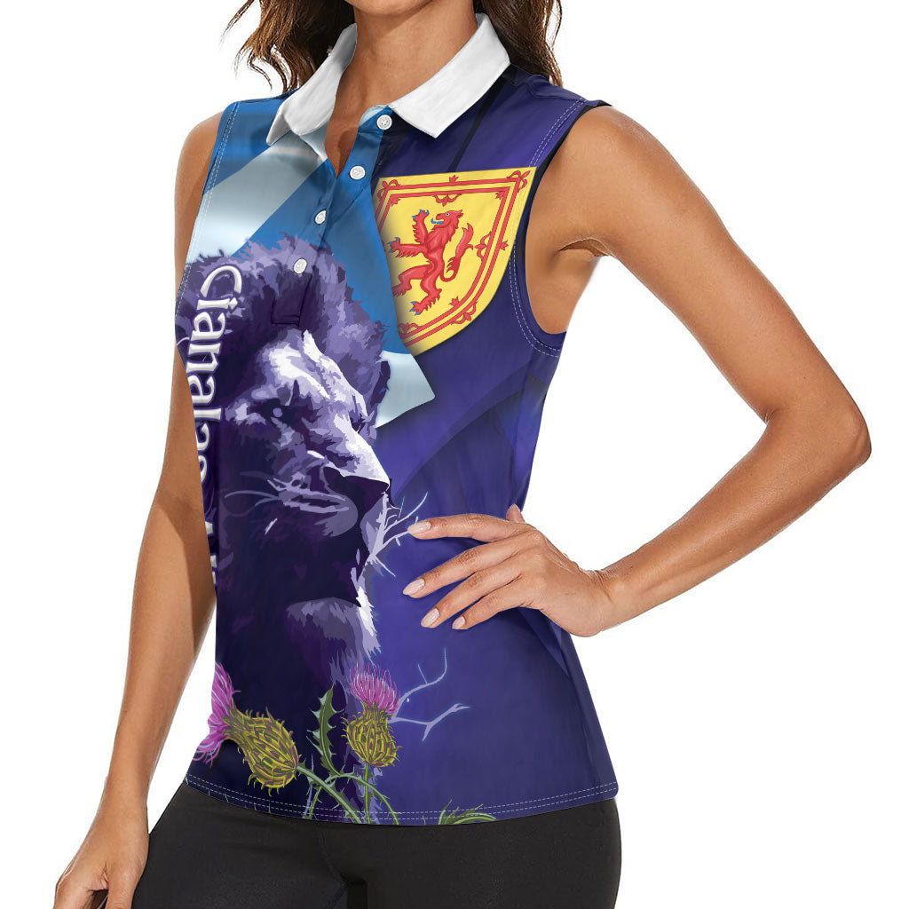 Cianalas Alba Scotland Women Sleeveless Polo Shirt Scottish Lion and Thistle Purple Version