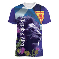 Cianalas Alba Scotland Women V-Neck T-Shirt Scottish Lion and Thistle Purple Version