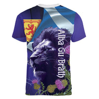 Cianalas Alba Scotland Women V-Neck T-Shirt Scottish Lion and Thistle Purple Version