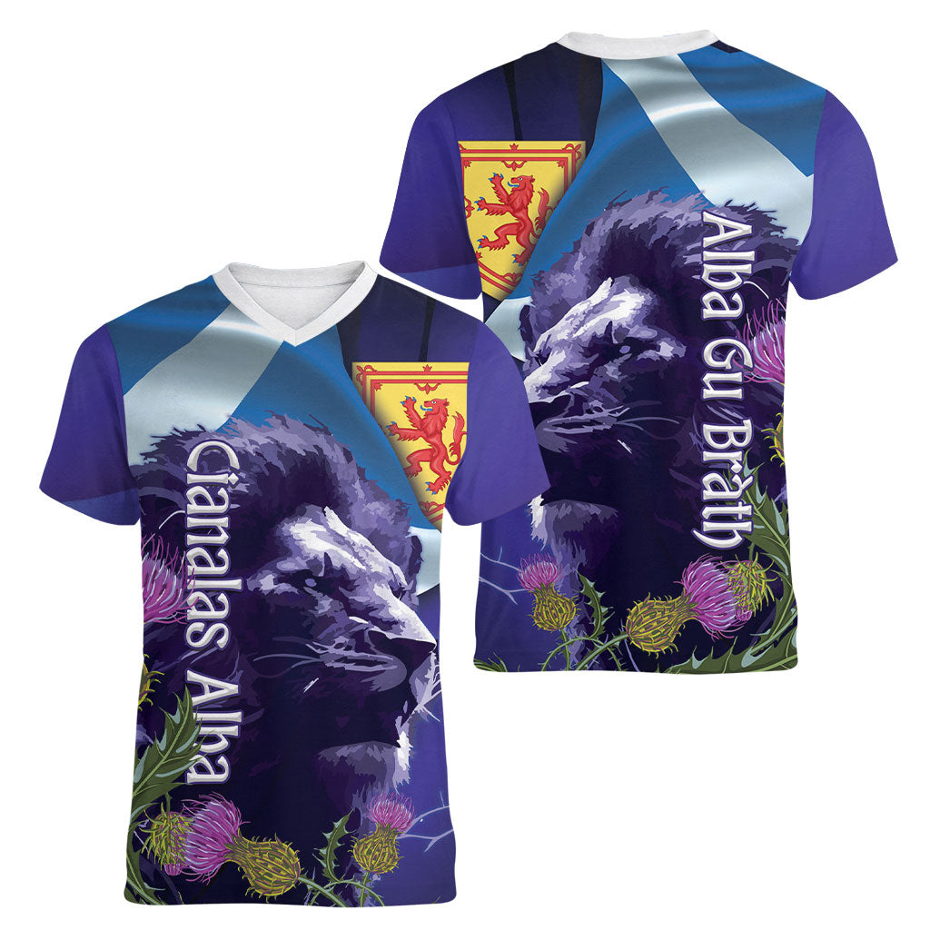 Cianalas Alba Scotland Women V-Neck T-Shirt Scottish Lion and Thistle Purple Version