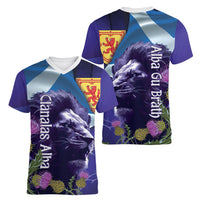Cianalas Alba Scotland Women V-Neck T-Shirt Scottish Lion and Thistle Purple Version