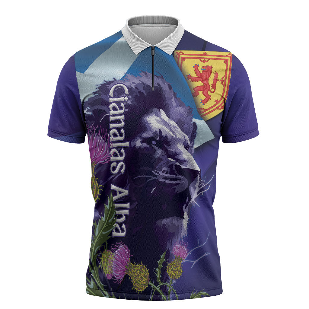 Cianalas Alba Scotland Zipper Polo Shirt Scottish Lion and Thistle Purple Version