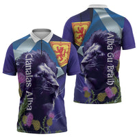 Cianalas Alba Scotland Zipper Polo Shirt Scottish Lion and Thistle Purple Version