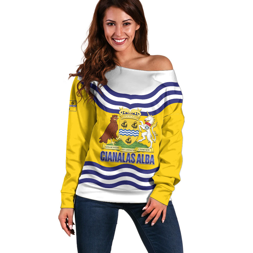 Cianalas Alba Outer Hebrides Off Shoulder Sweater Scotland Western Isles Flag Color