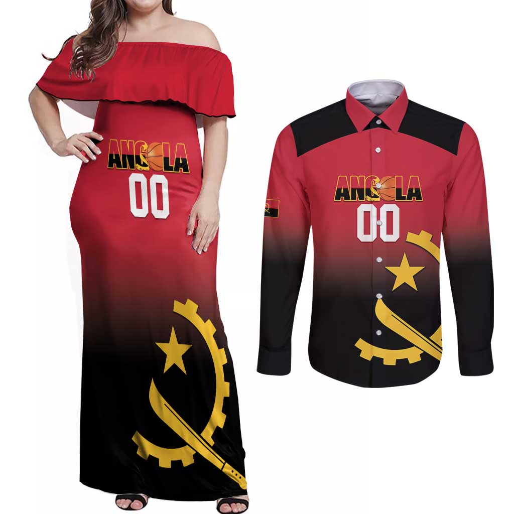 Angola Basketball Custom Couples Matching Off Shoulder Maxi Dress and Long Sleeve Button Shirt Go Champions Angolan - Wonder Print Shop