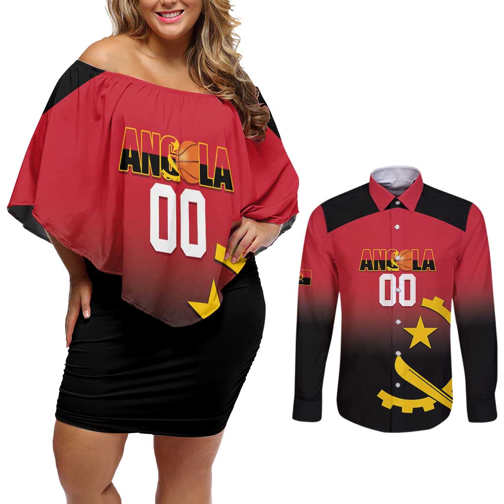 Angola Basketball Custom Couples Matching Off Shoulder Short Dress and Long Sleeve Button Shirt Go Champions Angolan - Wonder Print Shop