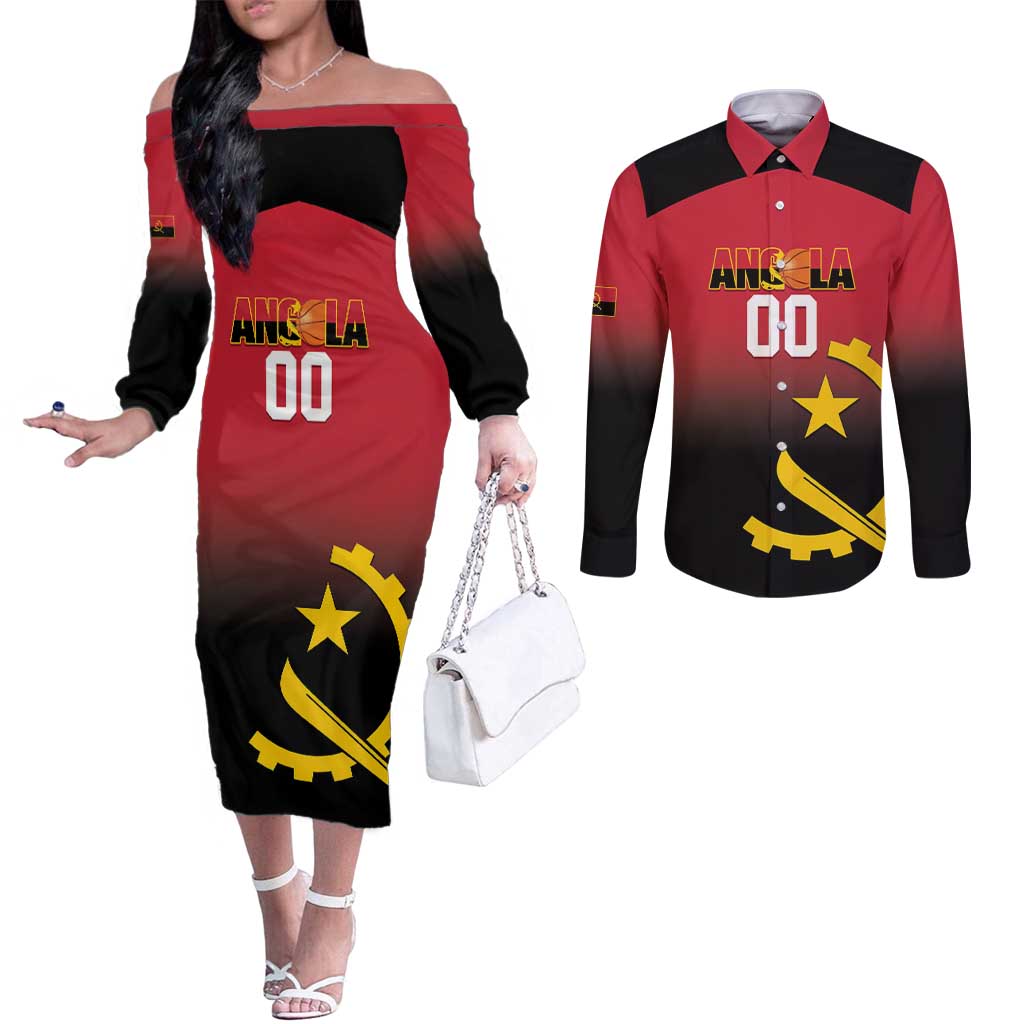 Angola Basketball Custom Couples Matching Off The Shoulder Long Sleeve Dress and Long Sleeve Button Shirt Go Champions Angolan - Wonder Print Shop