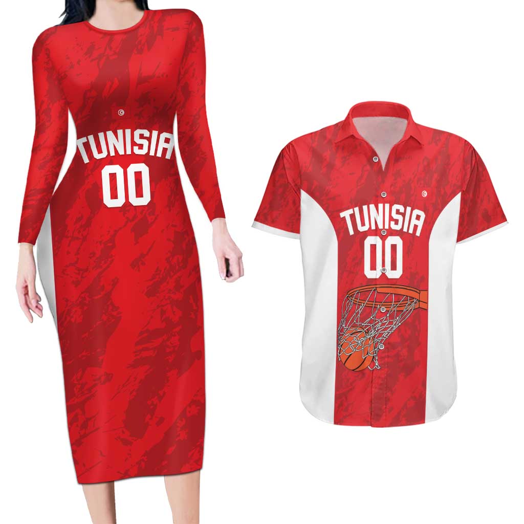 Tunisia Basketball Custom Couples Matching Long Sleeve Bodycon Dress and Hawaiian Shirt Go Champions Eagles of Carthage - Wonder Print Shop