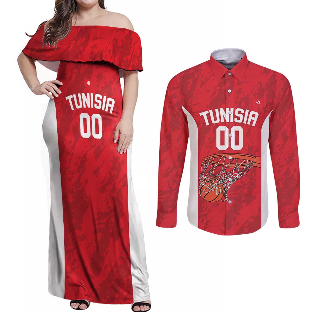 Tunisia Basketball Custom Couples Matching Off Shoulder Maxi Dress and Long Sleeve Button Shirt Go Champions Eagles of Carthage - Wonder Print Shop