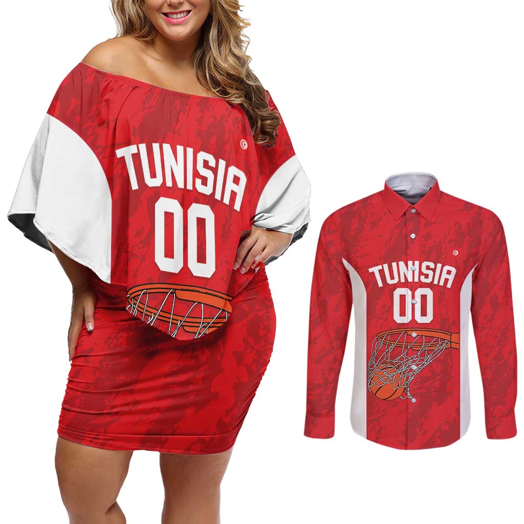 Tunisia Basketball Custom Couples Matching Off Shoulder Short Dress and Long Sleeve Button Shirt Go Champions Eagles of Carthage - Wonder Print Shop