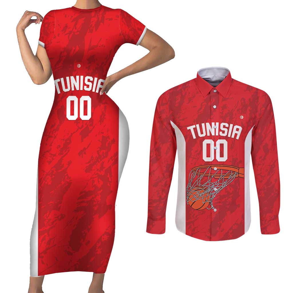 Tunisia Basketball Custom Couples Matching Short Sleeve Bodycon Dress and Long Sleeve Button Shirt Go Champions Eagles of Carthage - Wonder Print Shop