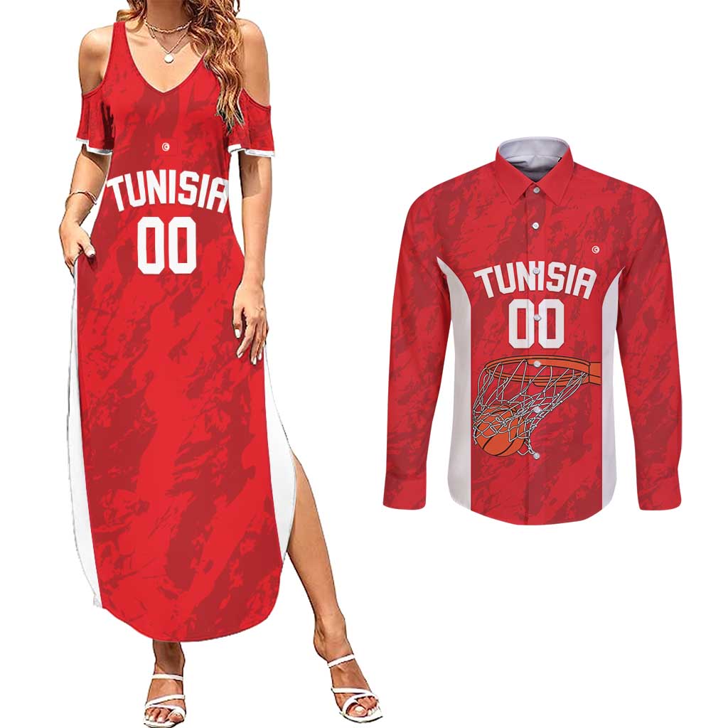Tunisia Basketball Custom Couples Matching Summer Maxi Dress and Long Sleeve Button Shirt Go Champions Eagles of Carthage - Wonder Print Shop