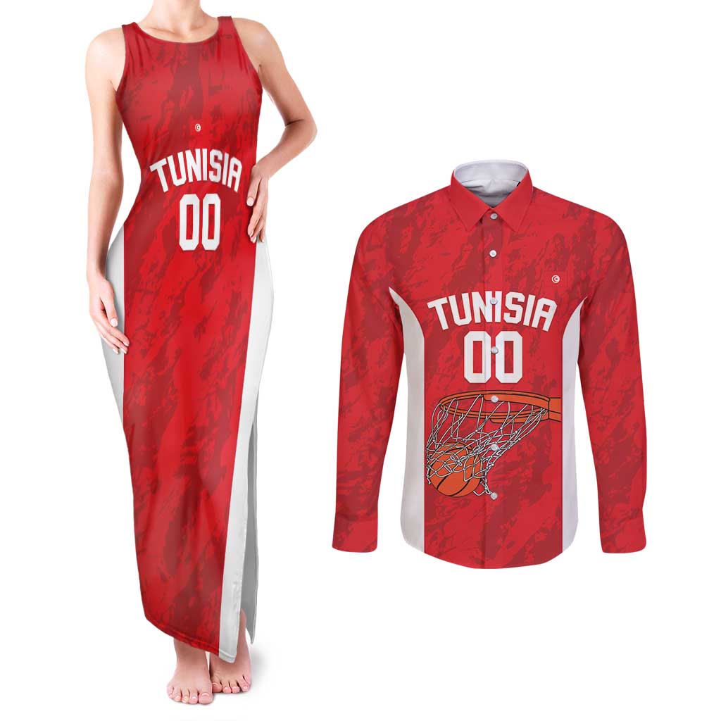 Tunisia Basketball Custom Couples Matching Tank Maxi Dress and Long Sleeve Button Shirt Go Champions Eagles of Carthage - Wonder Print Shop
