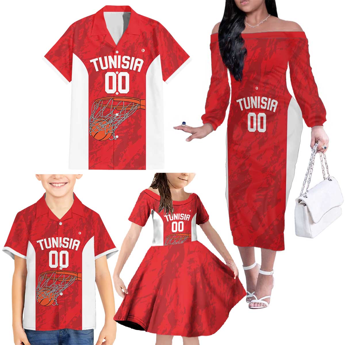 Tunisia Basketball Custom Family Matching Off The Shoulder Long Sleeve Dress and Hawaiian Shirt Go Champions Eagles of Carthage - Wonder Print Shop