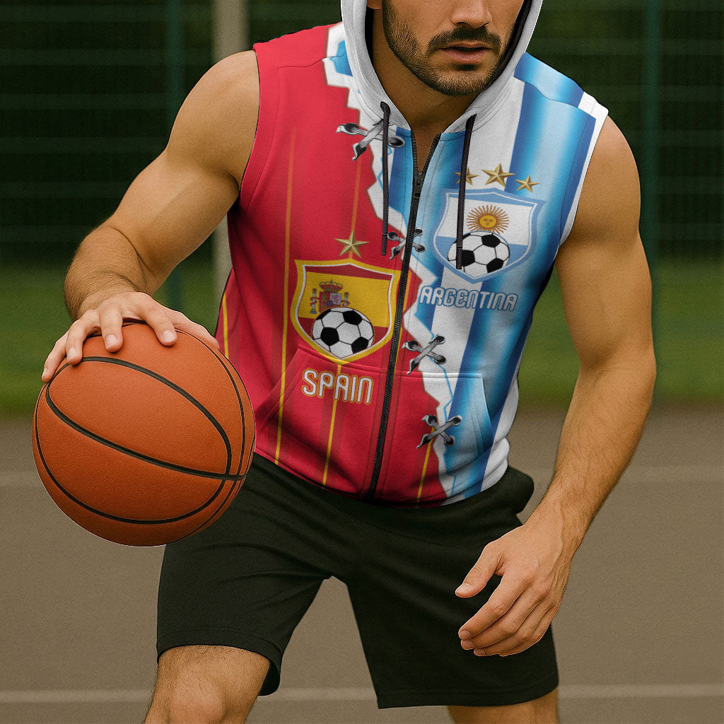 Custom Argentina Spain Football 2026 Sleeveless Zip Hoodie La Albiceleste La Roja Together