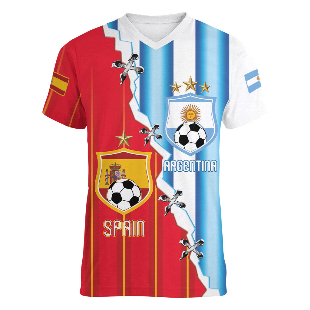 Custom Argentina Spain Football 2026 Women V-Neck T-Shirt La Albiceleste La Roja Together